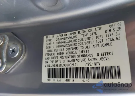 2008 Honda Cr-V Lx из США, поврежденный, VIN JHLRE38398C002691